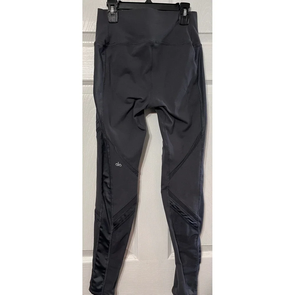 Alo Yoga Moto Leggings Anthracite Grey High Waist Mesh‎ Glossy Panels Womens Med